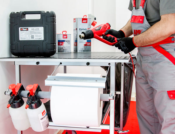 NTools - Mobile workbench with a hoop for the bag and dispenser for cleaning cloth MTABLE