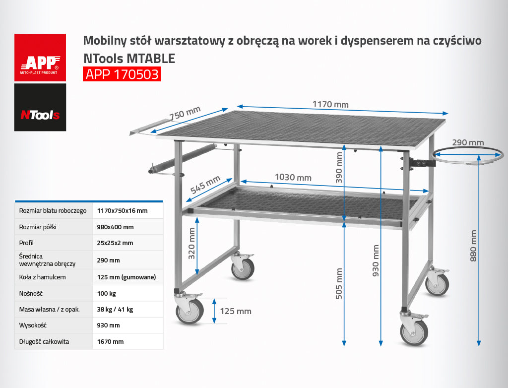 NTools - Mobile workbench with a hoop for the bag and dispenser for cleaning cloth MTABLE