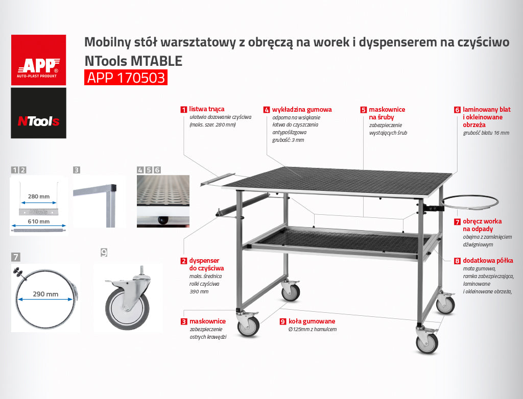 NTools - Mobile workbench with a hoop for the bag and dispenser for cleaning cloth MTABLE