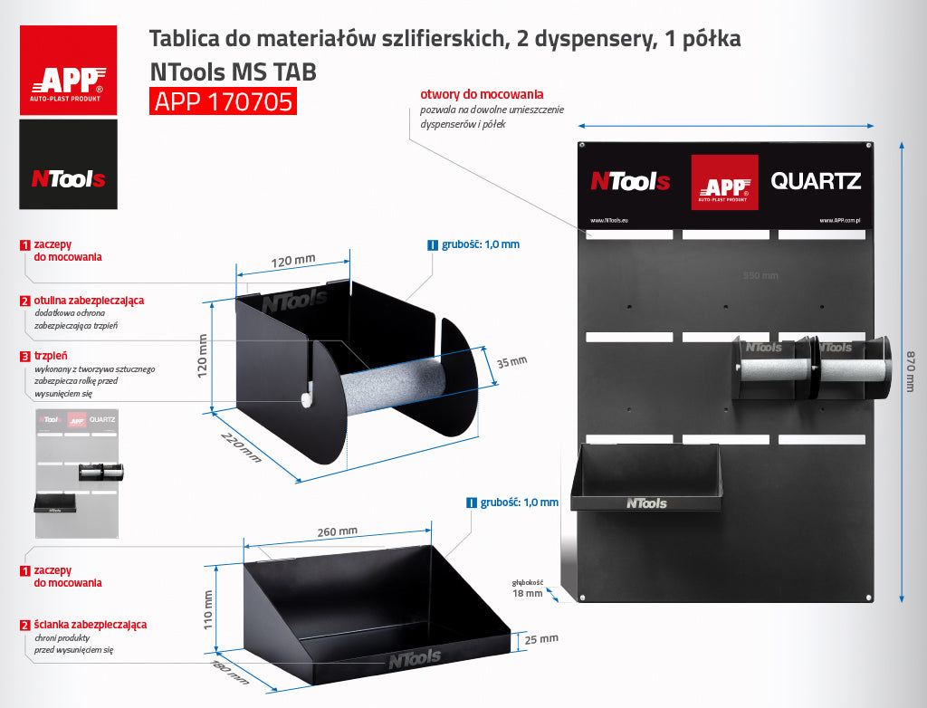 NTools - Abrasive board, with 2 roll holders and 1 shelf MS TAB